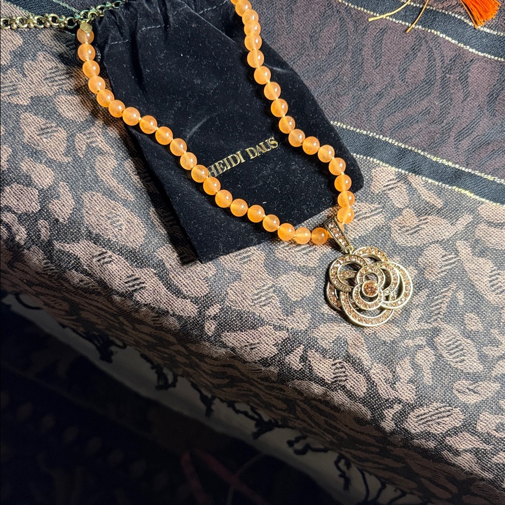 Heidi Daus Champagne Peach Beaded Necklace “Floral Romance”.
